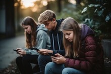 Generative AI : Teenage Friends Spending Time Together Using Smartphones Outdoors