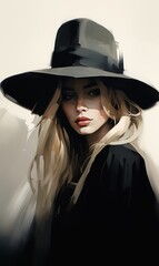 Wall Mural - woman wearing black hat dress sexy girl long blonde hair looks talented straw spell emote mafia old sketch princess profile random