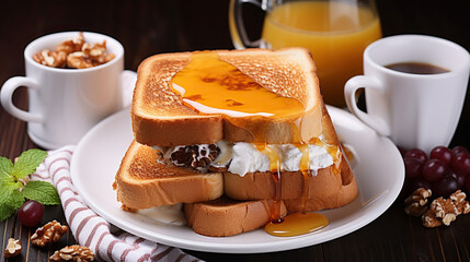 Wall Mural - Delicious breakfast. Fresh toast with salted caramel and honey. Generative AI