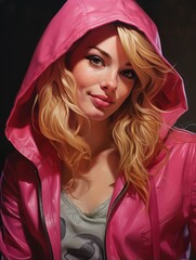 closeup woman pink jacket hood gorgeous blonde real red hoods teenager girl sexy young teen