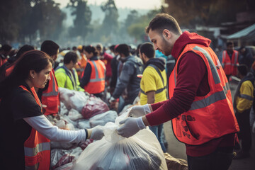 volunteers giving humanitarian aid to the victims