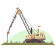© Paper - Crawler crane, 2D, simple, flat vector, cute cartoon, illustration, construction equipment, child-friendly, educational materials, whimsical graphics, charming design, lovable, playful.