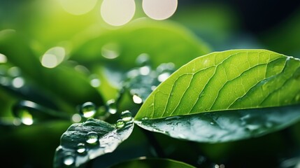 Beautiful big clear raindrops on green leaf macro