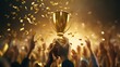 © Gethuk_Studio - Celebrating hand holding golden trophy middle crowd with confetti