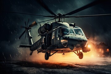 Wall Mural - Helicopter in sky at night.