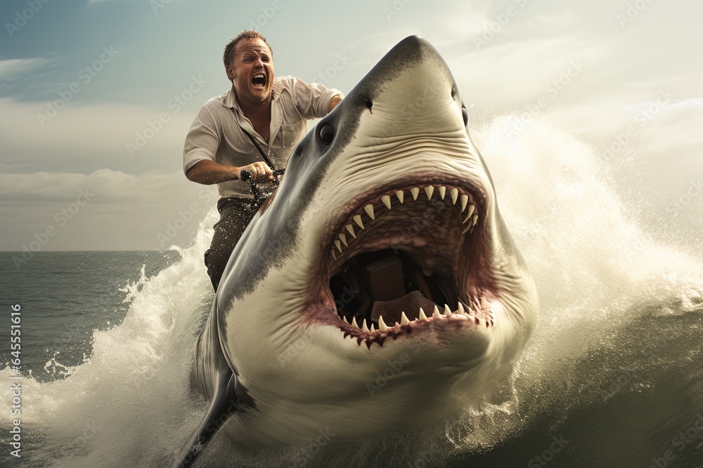 Man riding a great white shark. Stock Photo | Adobe Stock