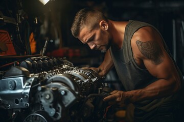 Wall Mural - Mechanic repair car engine at garage.