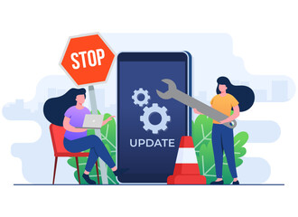 Wall Mural - System maintenance, Error, Fixing trouble, Device updating, Software system under maintenance vector illustration, Software upgrade process on smartphone, System update, People update operation system