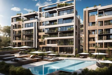 view of the city ,Flat roof with air conditioners on top modern apartment house building exterior mixed-use urban multi-family residential district area development. 