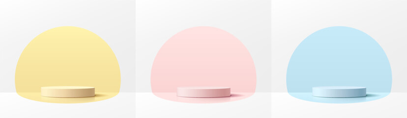 Wall Mural - set of 3d cylinder pedestal podium with pink, light blue and yellow in semi circle wall scene. platf