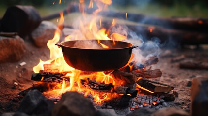 Campfire and pot. Vintage fire camping cooking in cauldron on firewood and flame, outdoor hot meal cook