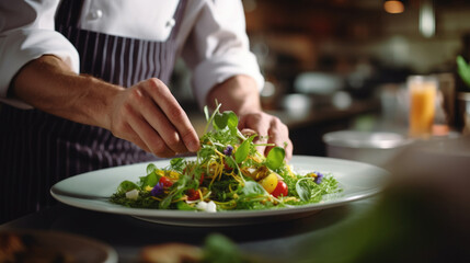 Wall Mural - Cropped photo Close-up hands of male cook adding greens finishing dish, decorating meal in the end. gastronomy, food, nutrition, cafe concept