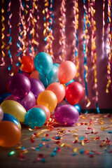 A colorful birthday party backdrop is made up of balloons, serpentine, and stripes.