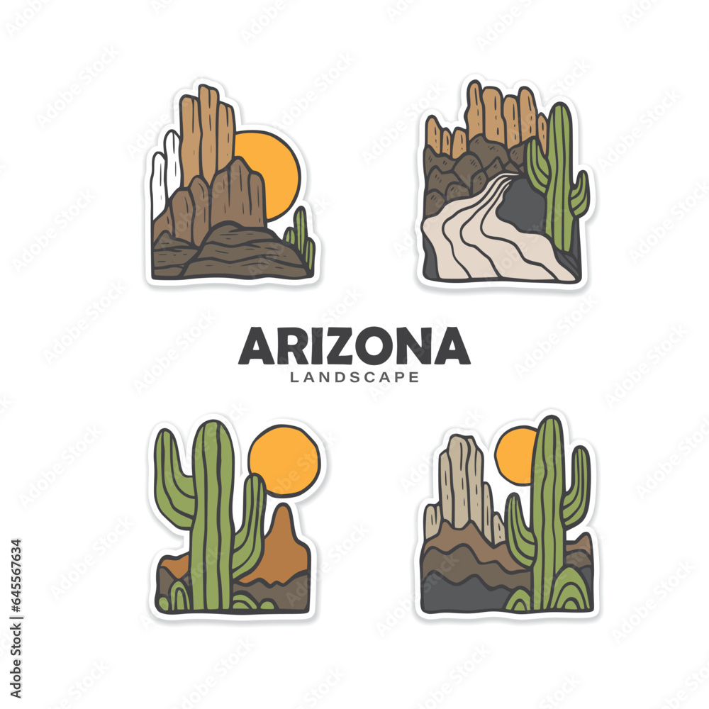 Arizona landscape vintage hand drawn vector illustration for sticker ...