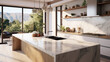 © Sasint - Front view of white granite kitchen countertop island for montage product display on modern Scandinavian kitchen space.