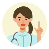 Fototapeta  - Working nurse Woman. Healthcare conceptWoman cartoon character. People face profiles avatars and icons. Close up image of pointing Woman.