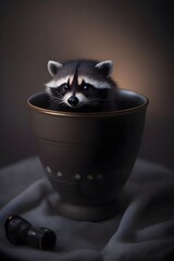 lovely miniature raccoon inside a cup of coffee