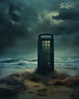 A surreal landscape of a telephone booth situated  on a deserted beach at night. Haunting. Mysterious graphic asset. Fog and mist and dark skies.