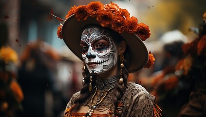 Wall Mural - Sugar skull woman in traditional costume on the day of the dead