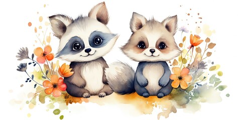 watercolor painting style cartoon clipart two raccoon sitting together in autumn garden, generative Ai