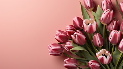 Wall Mural - tulips on pink background, copy space