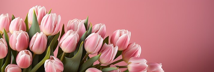 Wall Mural - tulips on pink background, copy space