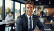 © hakule - Portrait of handsome businessman in suit smiling and looking at camera in cafe. created by generative AI technology.