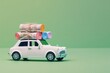 Earn cash with your car concept. Side profile full photo picture of small white car with rolls piles of usd money on top isolated bright color background with copyspace, Generative AI