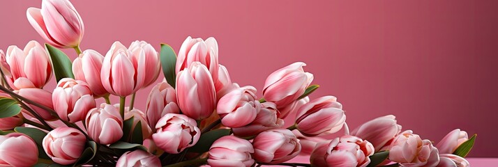 Wall Mural - tulips on pink background, copy space