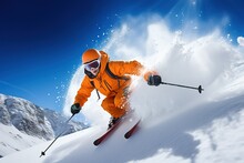 A Skier On Skis Descends From The Mountain Through The Snow In Winter. Extreme Sport.