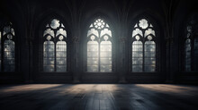 Empty Dark Room In Gothic Style With Large Windows