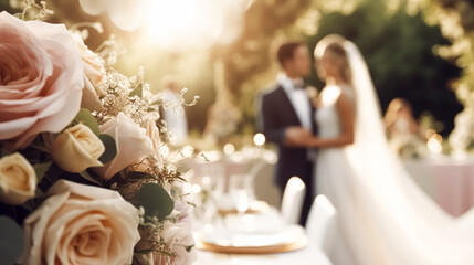 wedding ceremony and celebration, bride and groom at a beautiful outdoor venue on a sunny day, luxur