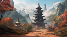 A Photograph Of A Buddhist Temple's Pagoda Rising Up Out Of The Mountain Landscape. Generative AI