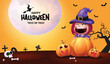 © ZeinousGDS - Happy halloween text vector design. Halloween trick or treat greeting with little girl witch character in graveyard night background. Vector illustration horror spooky card.