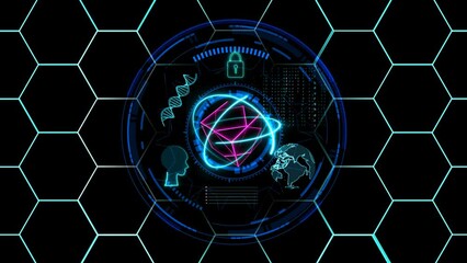 cube blue with atom and  holographic futuristic technology and brain line matrix global secity dna with digital hexagon background