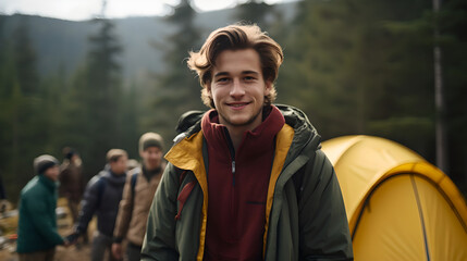 Wall Mural - Portrait of smiling man in front of a tent during vacation, group of people camping in forest relaxing on vacation