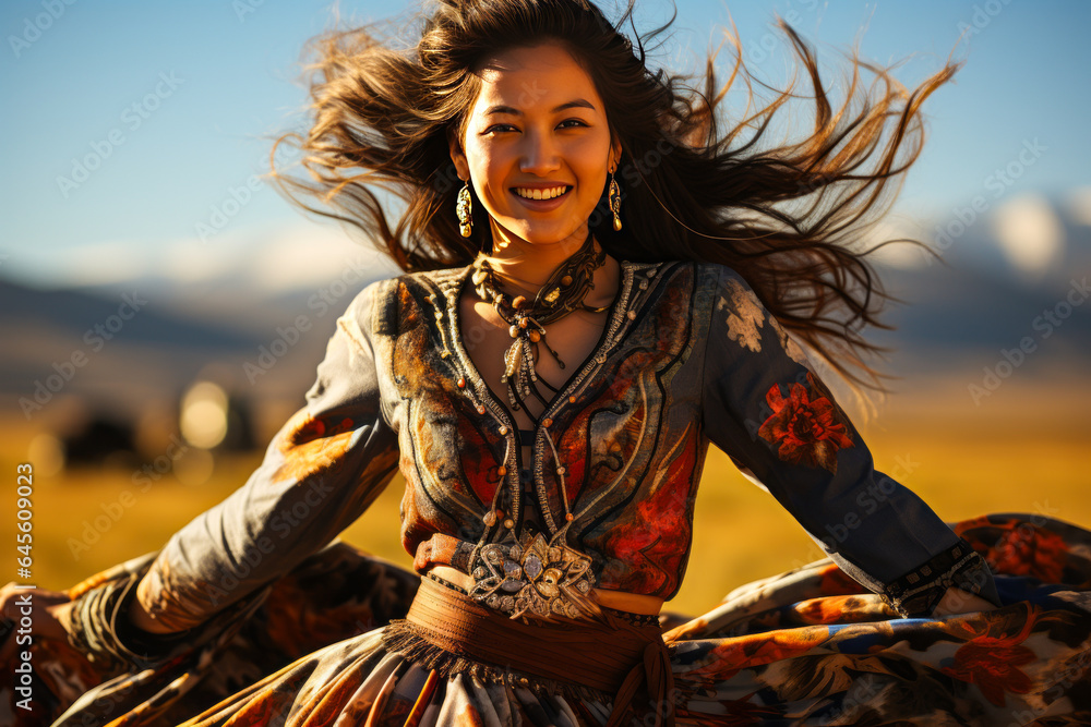 Vibrant Mongolian woman in traditional dress, elegantly performing a ...