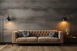 Terra cotta velvet sofa near wainscoting paneling wall. Mid century interior design of modern living room. Created with
