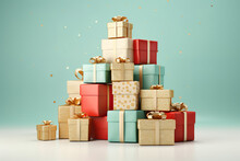 A 3d Scene Of A Colorful Pile Of Gift Boxes On A White Background, In The Style Of Light Teal And Light Red, Light Beige And Gold, Orderly Arrangements, 