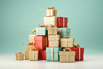 a 3d scene of a colorful pile of gift boxes on a white background, in the style of light teal and li