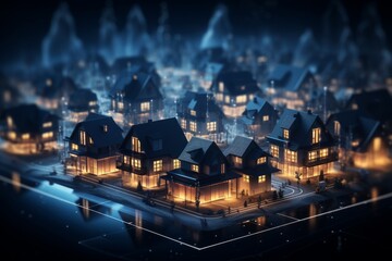 Wall Mural - Real estate concept. 3D illustration of a small town on a dark background