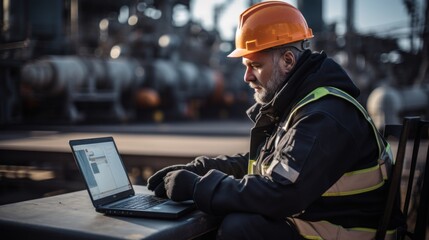Factory worker in oil refinery using laptop computer for maintenance work