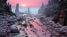 A Tranquil And Picturesque Scene Of An Empty Beach At Dawn, With Pink Hues Painting The Wet Sand And Driftwood And Rocks Waiting Undisturbed For The Day's First Footsteps.
