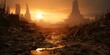 post apocalyptic city ruins buried in the desert sand, epic alien planet landscape