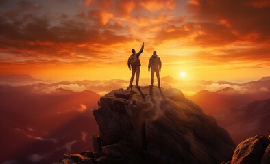 Wall Mural - two people standing on top of a mountain together with