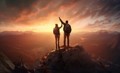 Wall Mural - two people standing on top of a mountain together with