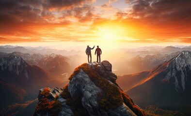 Wall Mural - two people standing on top of a mountain together with