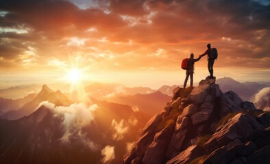 Wall Mural - two people standing on top of a mountain together with