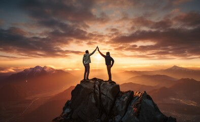 Wall Mural - two people standing on top of a mountain together with