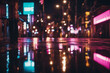 a stylish cityscape at night with vibrant neon lights and reflections on wet pavements